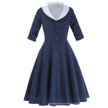 Belle Poque Navy Blue Farbe 3/4 Ärmel Revers Collar Baumwolle Vintage 1950er Dot Sleeved Eva Marie Swing Kleid BP000264-1